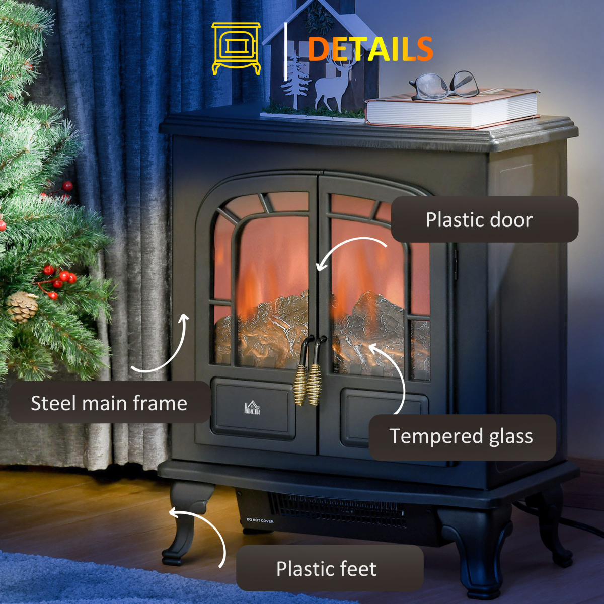 Electric Fireplace LED Fire Flame Effect, Double Door,  1000W/2000W, Black