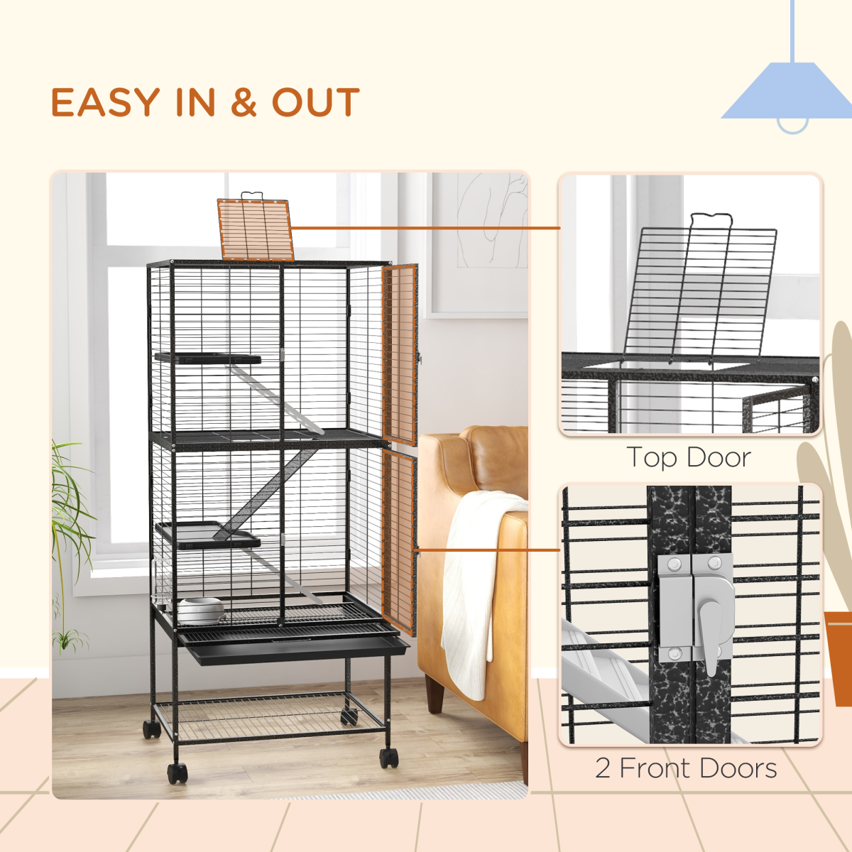 PawHut Ferret Cage 136cm Rolling Small Animal Cage w/ 3 Doors, Storage Shelf