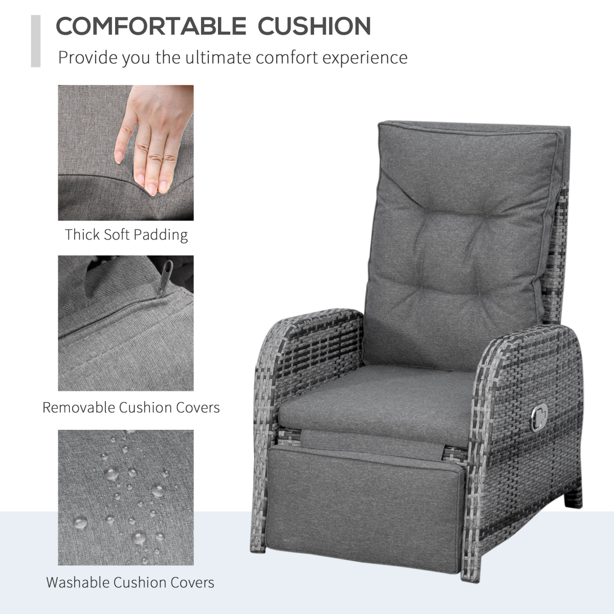 3 Pcs Rattan Chaise Lounge Sofa Set Bistro & Cushion Mixed Grey