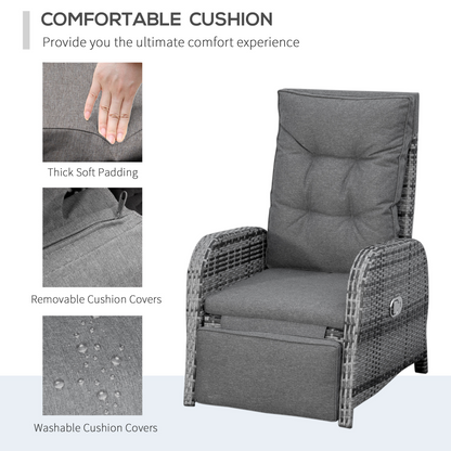 3 Pcs Rattan Chaise Lounge Sofa Set Bistro & Cushion Mixed Grey