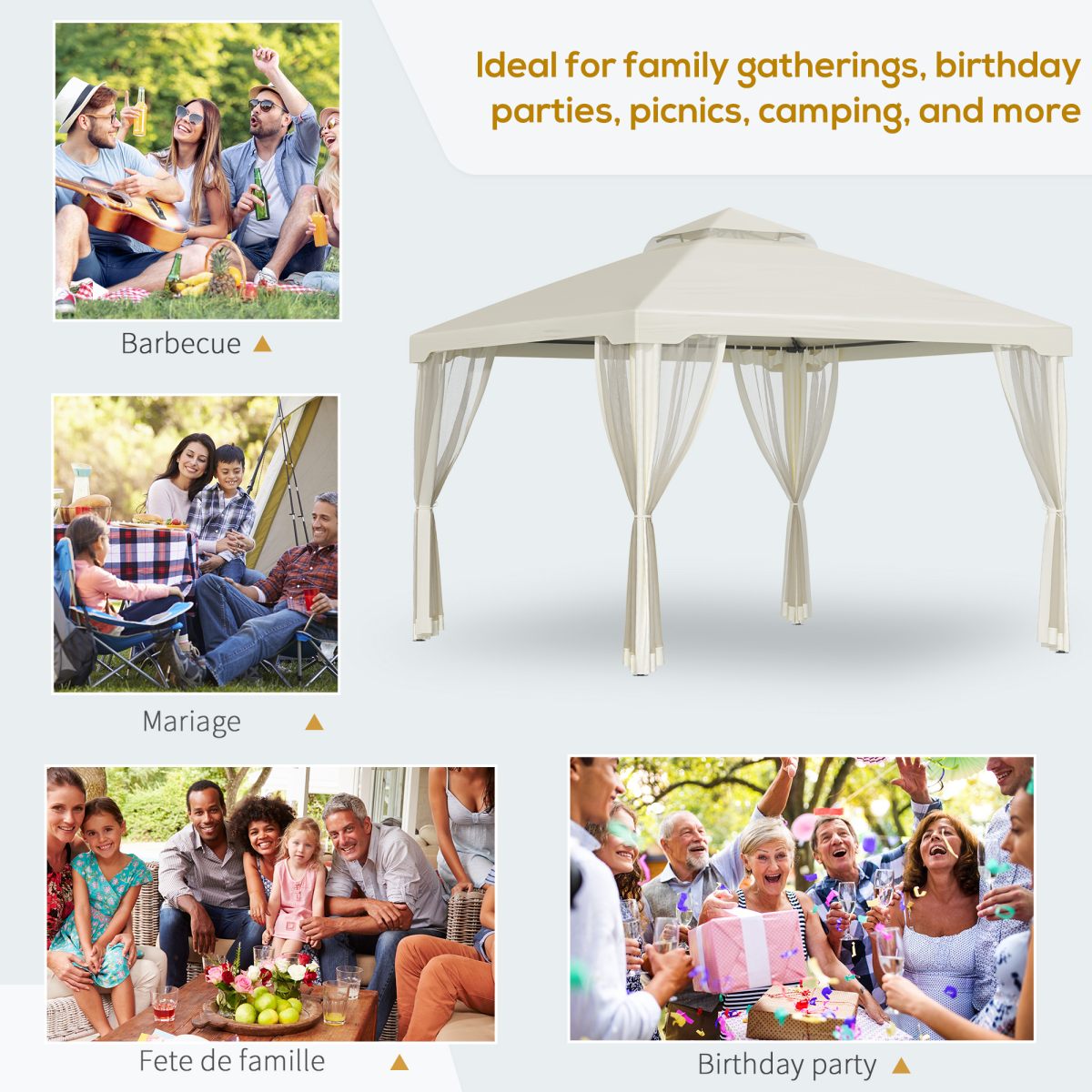 Outsunny 3x3m 2-Tier Polyester Draped Outdoor Garden Gazebo Cream White