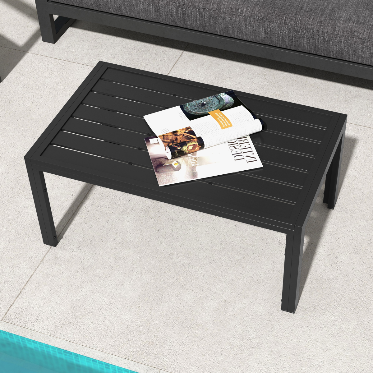 Outsunny Outdoor Side Table Garden Table with Steel Frame and Slat Top Black