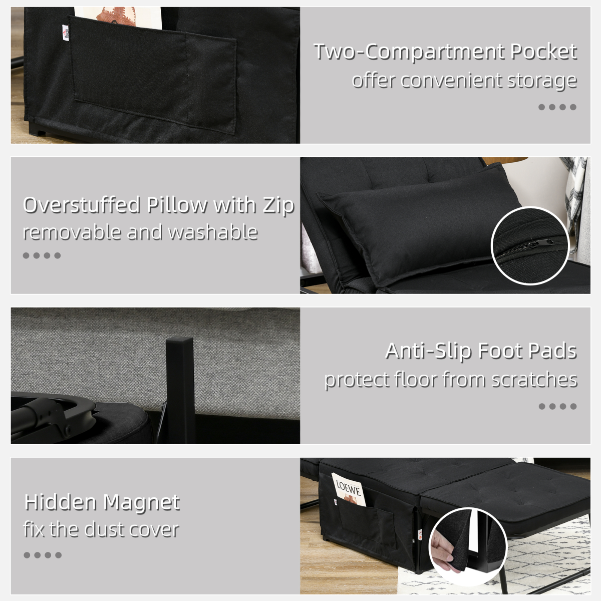 HOMCOM Folding Sleeper Chair Bed with Pillow and Side Pockets, Black