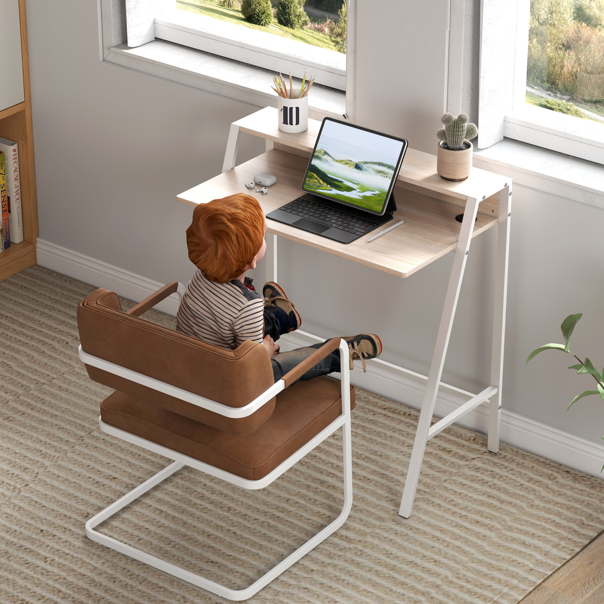Computer Workstation Storage Shelf Color White and Oak