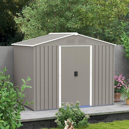 Outsunny 8 x 6ft Garden Storage Shed w/ Double Sliding Door Outdoor Light Grey