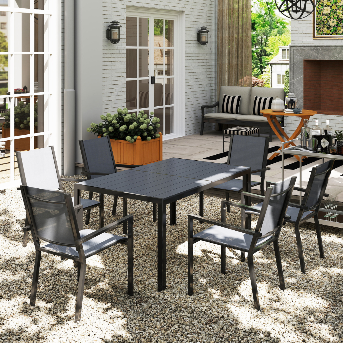Outsunny 7 Piece Garden Dining Set, Outdoor Furniture w/ 6 Stackable Chairs