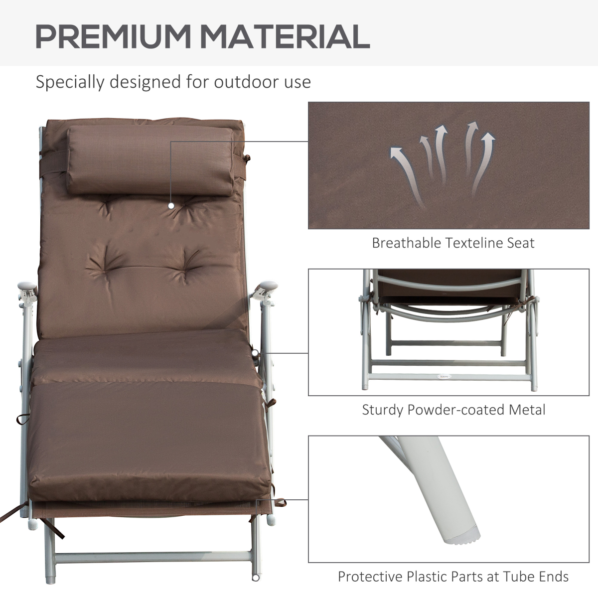 Outsunny Steel Frame Outdoor Garden Padded Sun Lounger w/ Pillow Brown