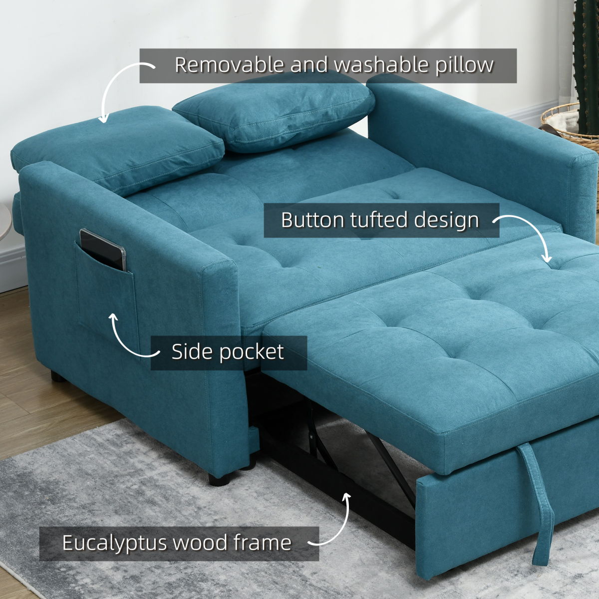 HOMCOM 2 Seater Sofa Bed Convertible Bed Settee with Cushions, Pockets, Blue