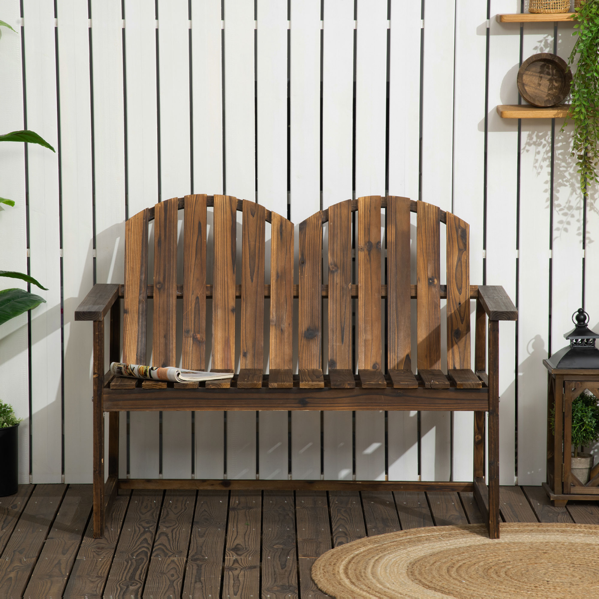 Outdoor Wooden Bench for Two People, Patio Loveseat Chair with Slatted Backrest