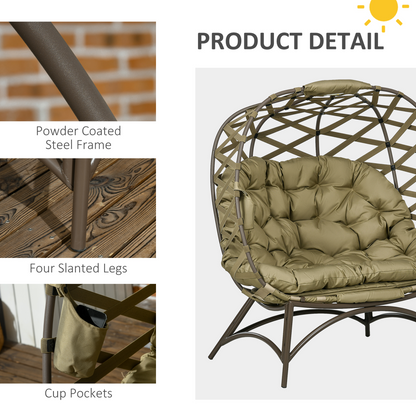 Outsunny 2 Seater Egg Chair Outdoor with Cushion, Cup Pockets - Khaki