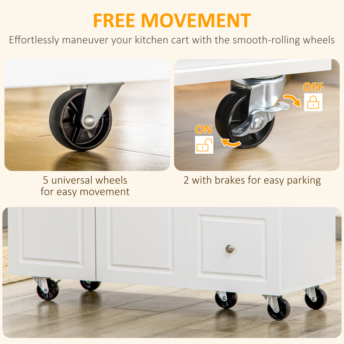 Drop-Leaf Kitchen Island on Wheels Utility Storage Cart with Drawers & Cabinet