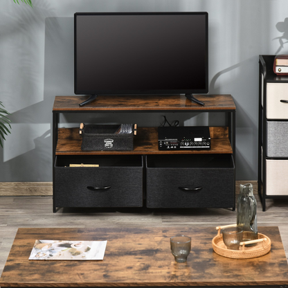 HOMCOM TV Cabinet, TV Console Unit 2 Foldable Linen Drawers, Rustic Brown
