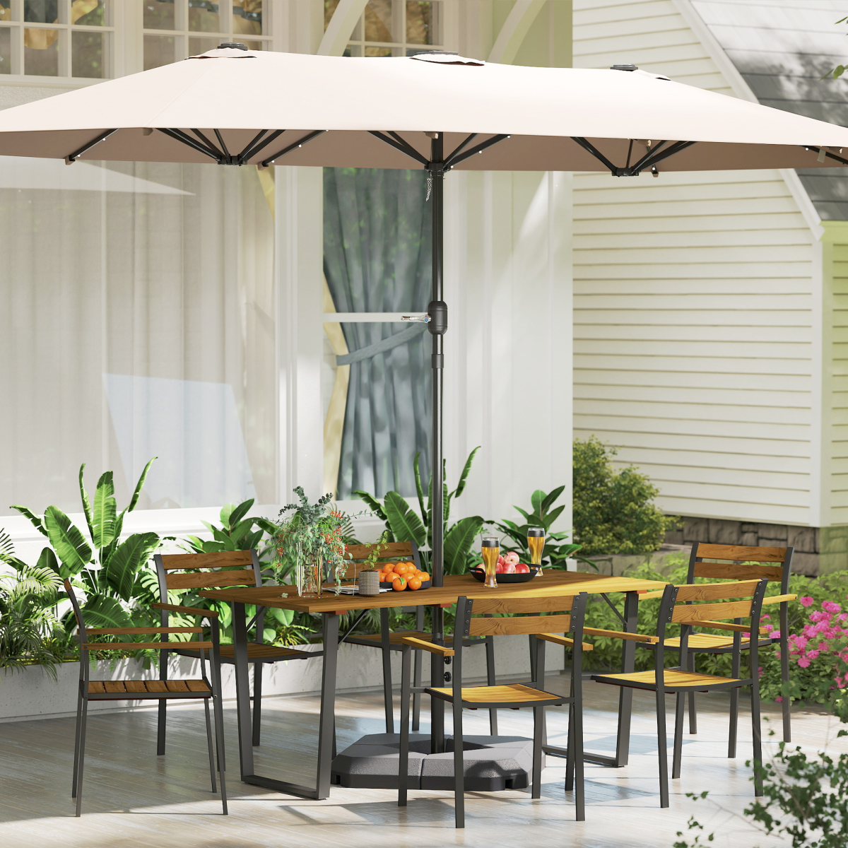 Outsunny 7 Piece Garden Dining Set with Table and 6 Stackable Chairs, Brown