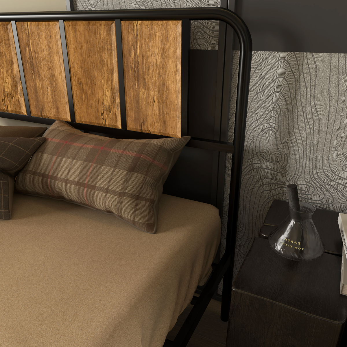 Double Bed Frame Steel Bed Base with Headboard 145 x 199cm Brown