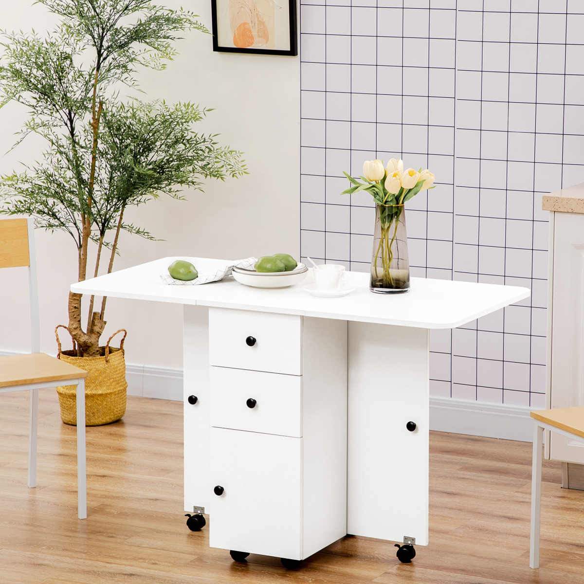 Folding Dining Table, Drop Leaf Table With Storage Drawers White