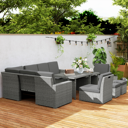Outsunny 10-Seater Sofa Sectional w/ Cushioned Seat, Footstools and Glass Table
