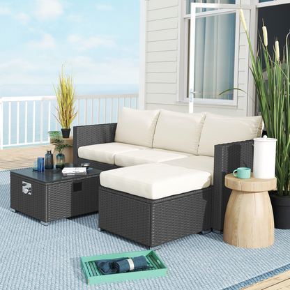 Outsunny 4 Seater Rattan Sofa Set with Footstool Thick Cushions Black Cream