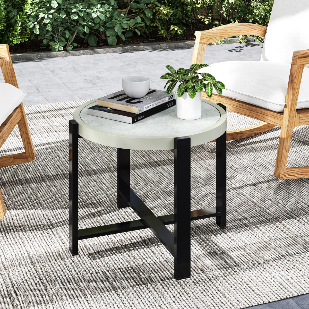 Outsunny Round Small Garden Table with Faux Marble Glass Top, Light Grey