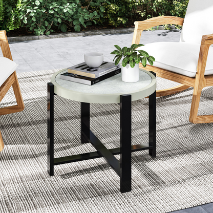 Outsunny Round Small Garden Table with Faux Marble Glass Top, Light Grey