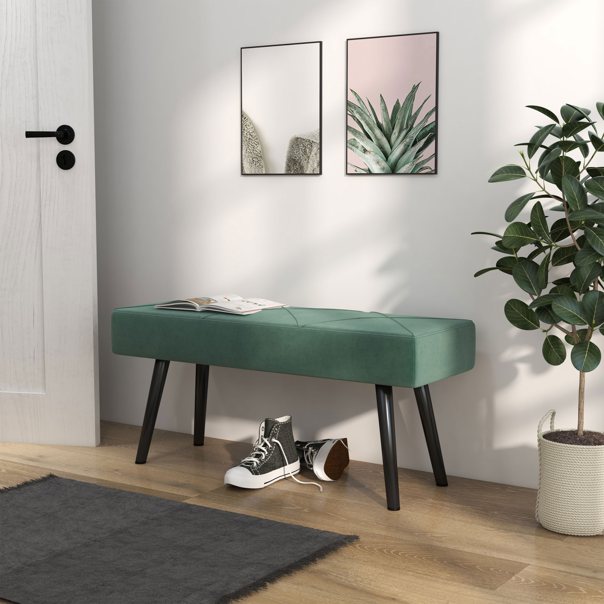 HOMCOM End of Bed Bench, Upholstered Hallway Bedroom with Steel Legs, Green