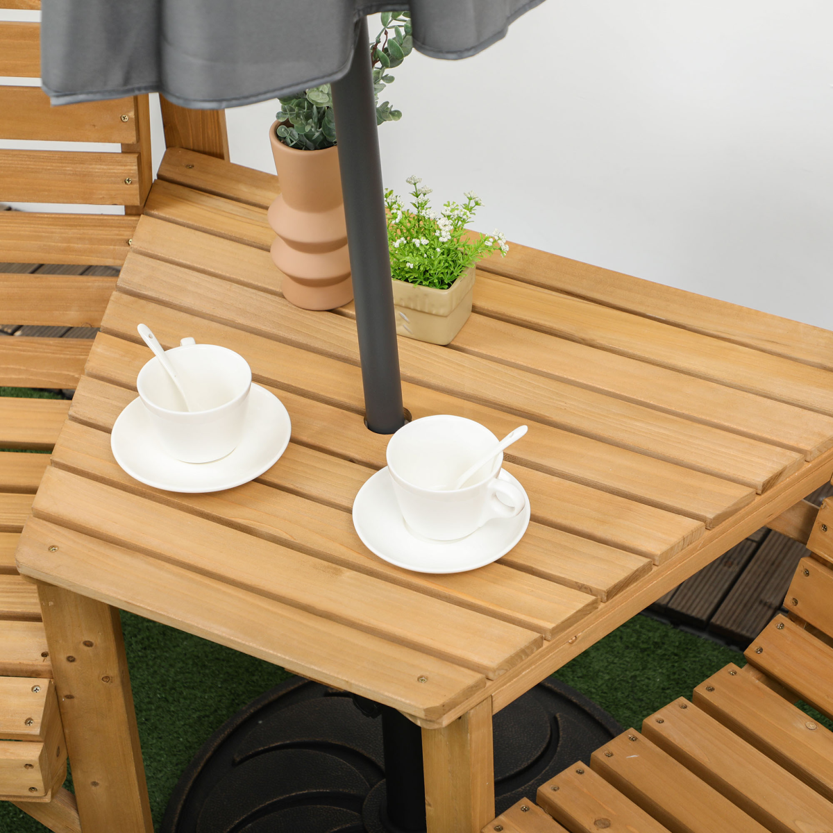 Outsunny Wooden Garden Love Seat w/ Coffee Table Umbrella Hole Partner Bench