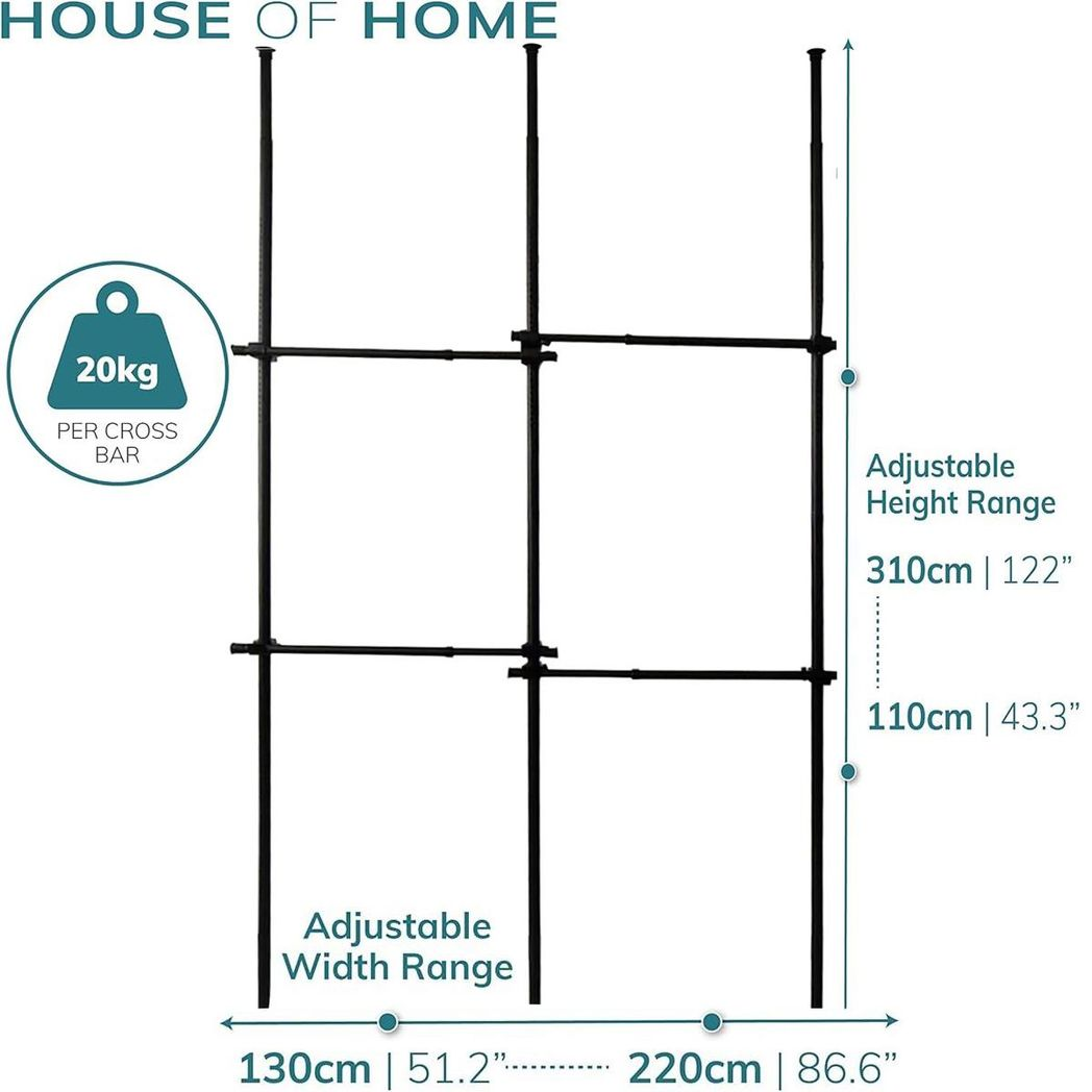 Double Black Telescopic Wardrobe Organiser Hanging Rail Clothes Rack Adjustable Storage Shelving