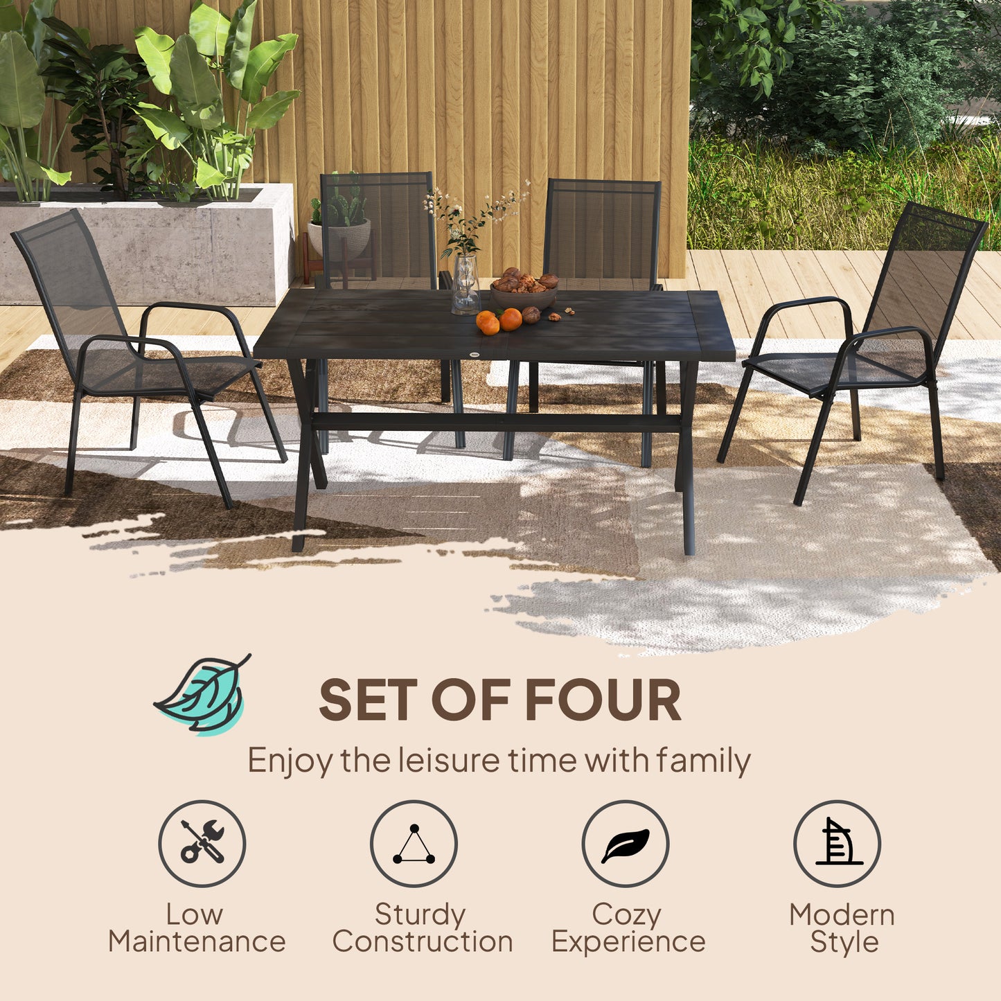 Outsunny Set of 4 Garden Dining Chair Set Outdoor w/ High Back Armrest Black