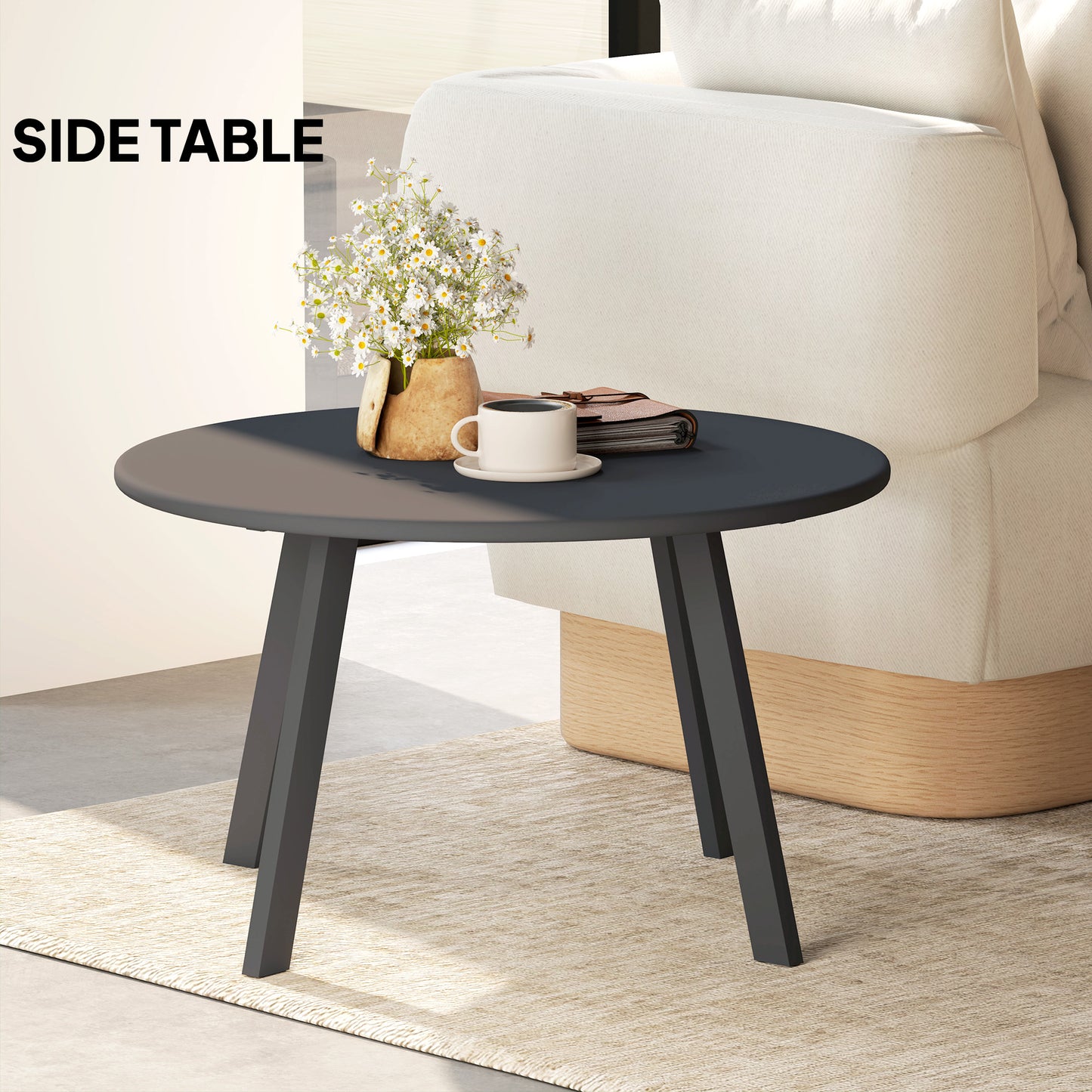 Outsunny 70cm Round Coffee Table with Non-Slip Foot Pads, Black