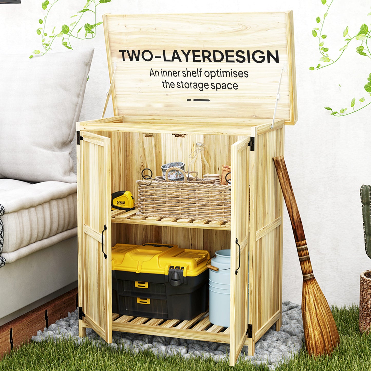 Outsunny Wooden Garden Storage Shed w/Hinged Roof and Shelf, Natural Wood