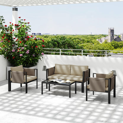 Outsunny 4 Piece Garden Sofa Set w/ Tempered Glass Coffee Table Khaki