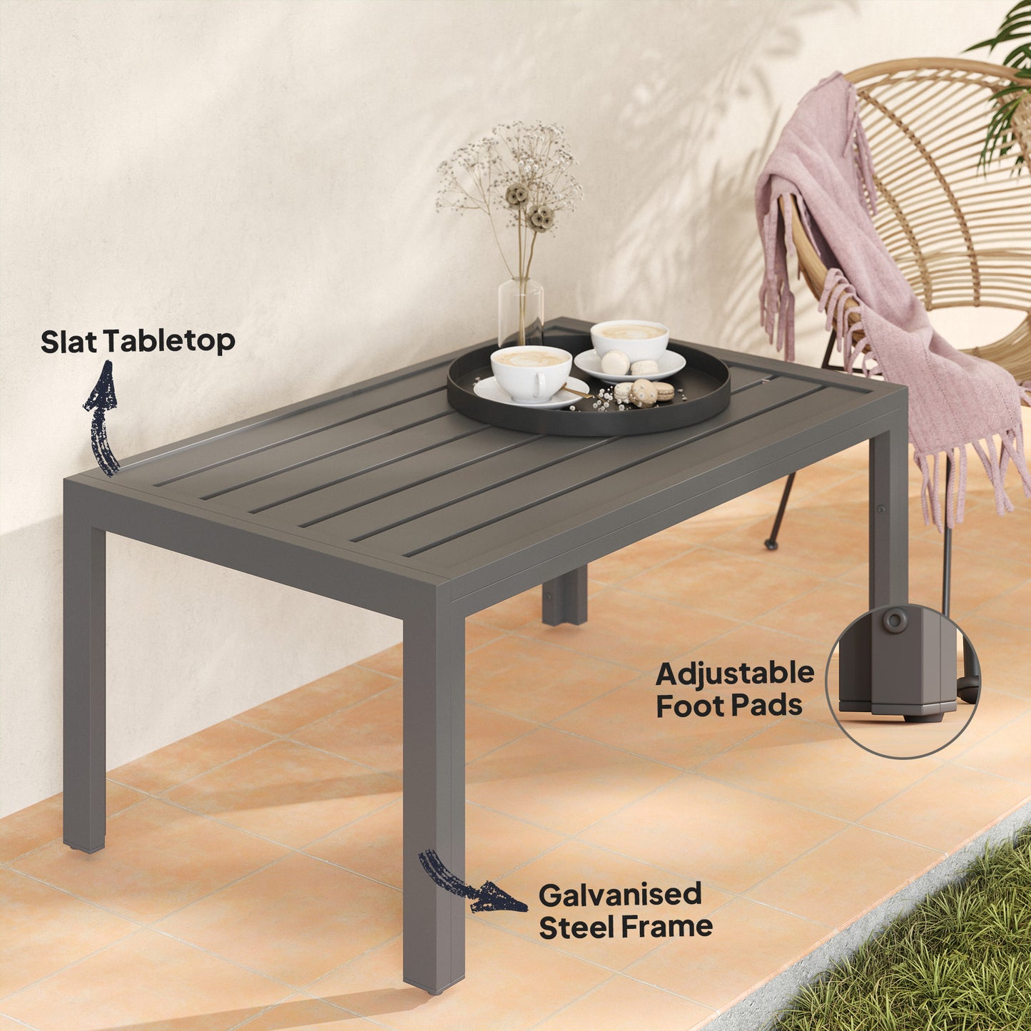 Outsunny Outdoor Side Table Garden Table with Steel Frame and Slat Top Grey