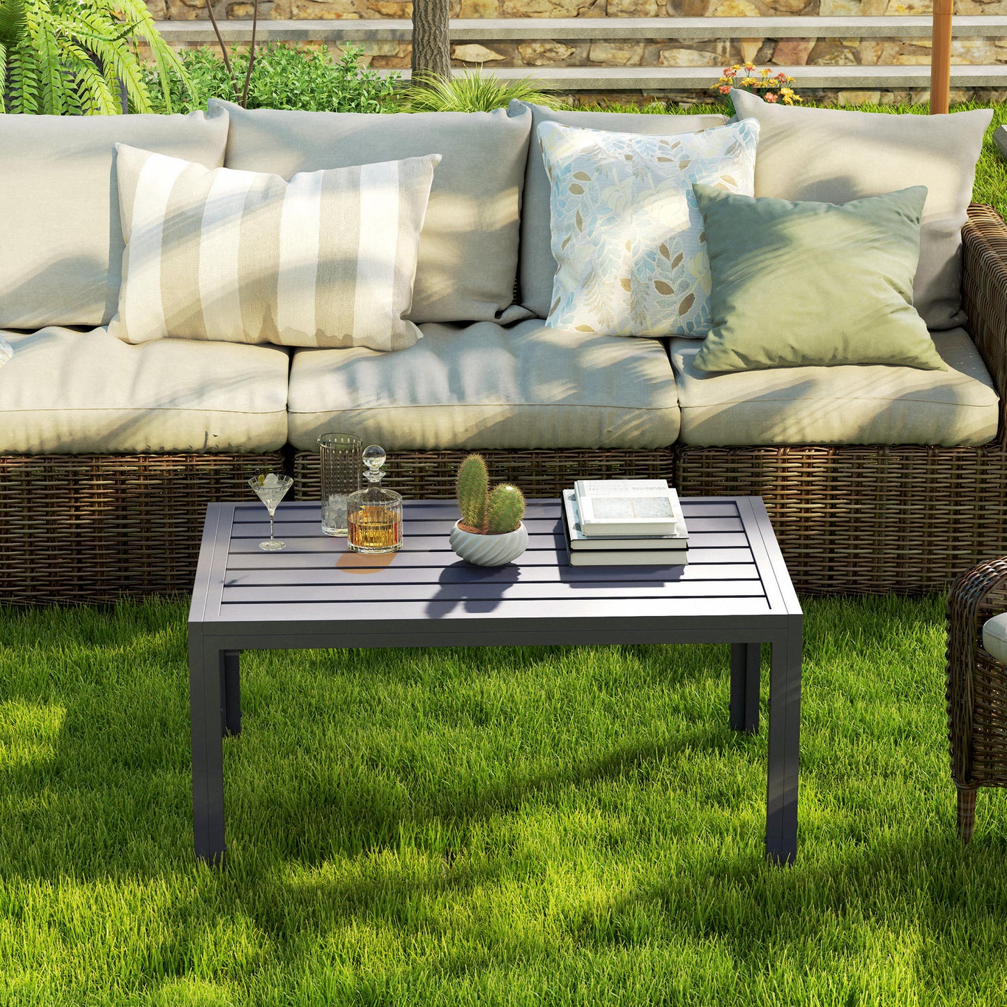 Outsunny Outdoor Side Table Garden Table with Steel Frame and Slat Top Grey