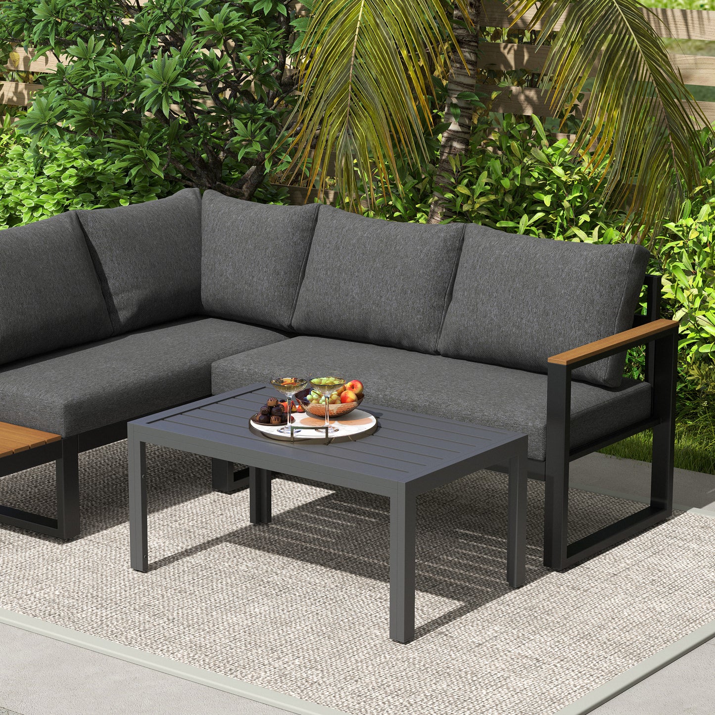 Outsunny Outdoor Side Table Garden Table with Steel Frame and Slat Top Grey