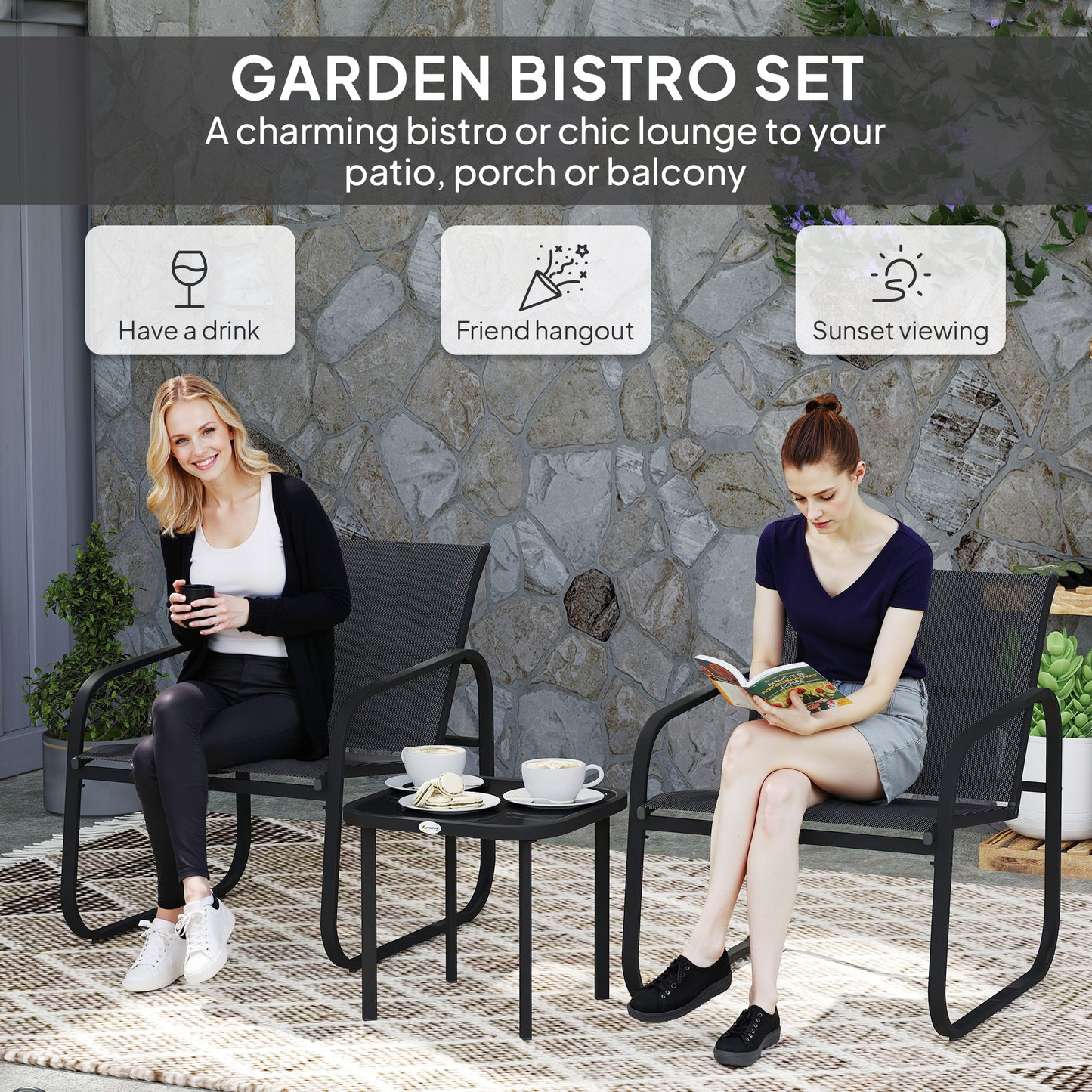 Outsunny Garden Bistro Set, Metal Garden Furniture Set with Mesh Chairs