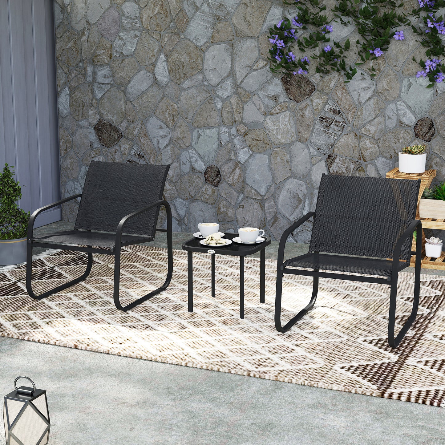 Outsunny Garden Bistro Set, Metal Garden Furniture Set with Mesh Chairs
