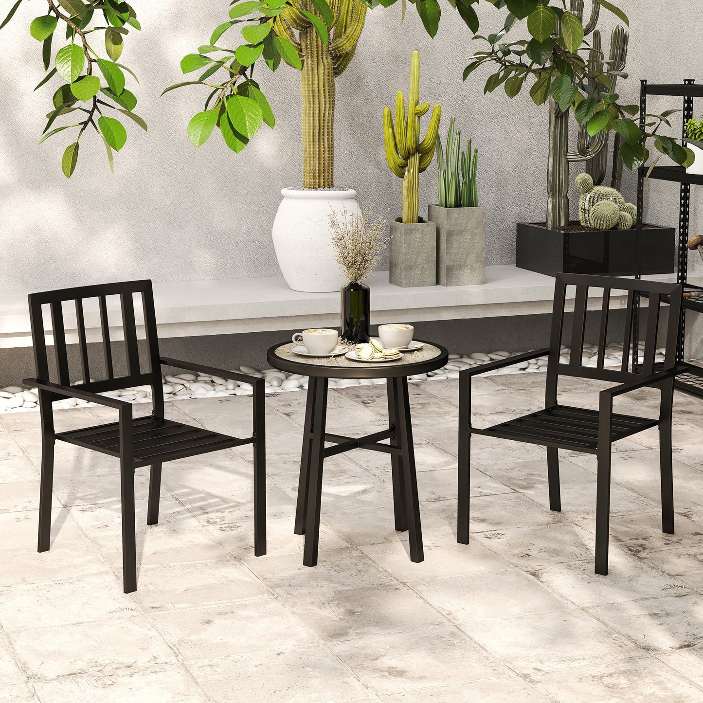 Outsunny 3 Piece Patio Bistro Set with Plastic Top, 2 Stackable Chairs, Grey