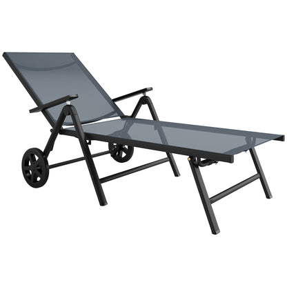 Outsunny Folding Sun Lounger w/ Wheels, 5-Position Adjustable Sunbed, Grey