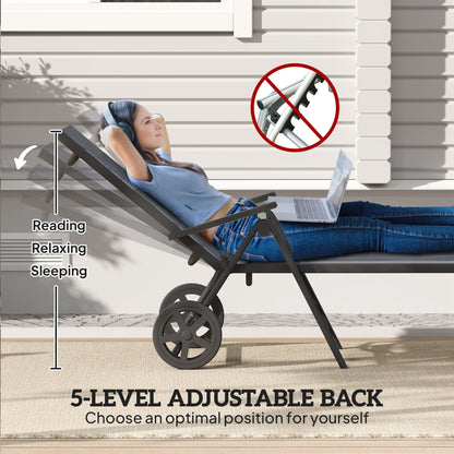Outsunny Folding Sun Lounger w/ Wheels, 5-Position Adjustable Sunbed, Grey