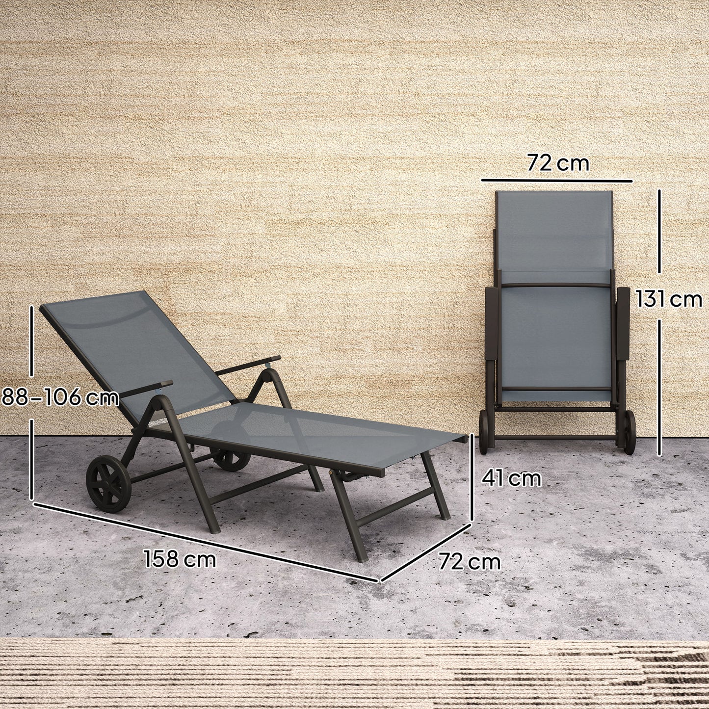 Outsunny Folding Sun Lounger w/ Wheels, 5-Position Adjustable Sunbed, Grey