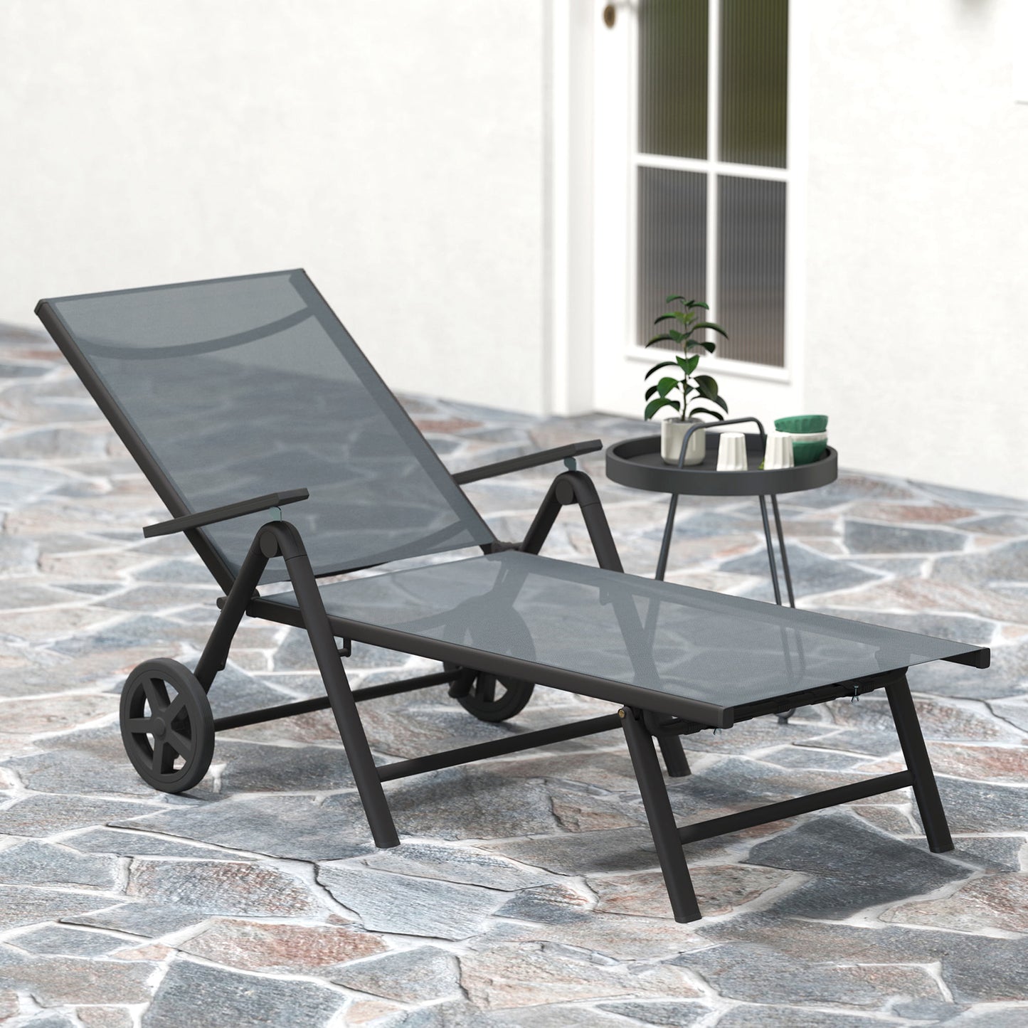 Outsunny Folding Sun Lounger w/ Wheels, 5-Position Adjustable Sunbed, Grey