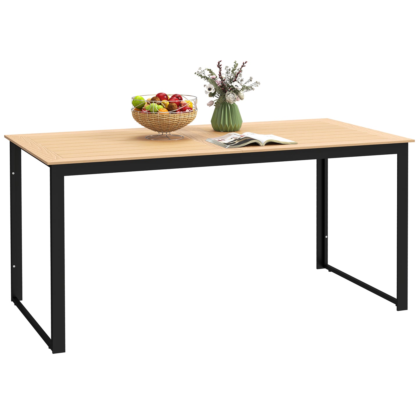 Outsunny Garden Table for 6 People with Slatted Table Top, Metal Frame, Teak