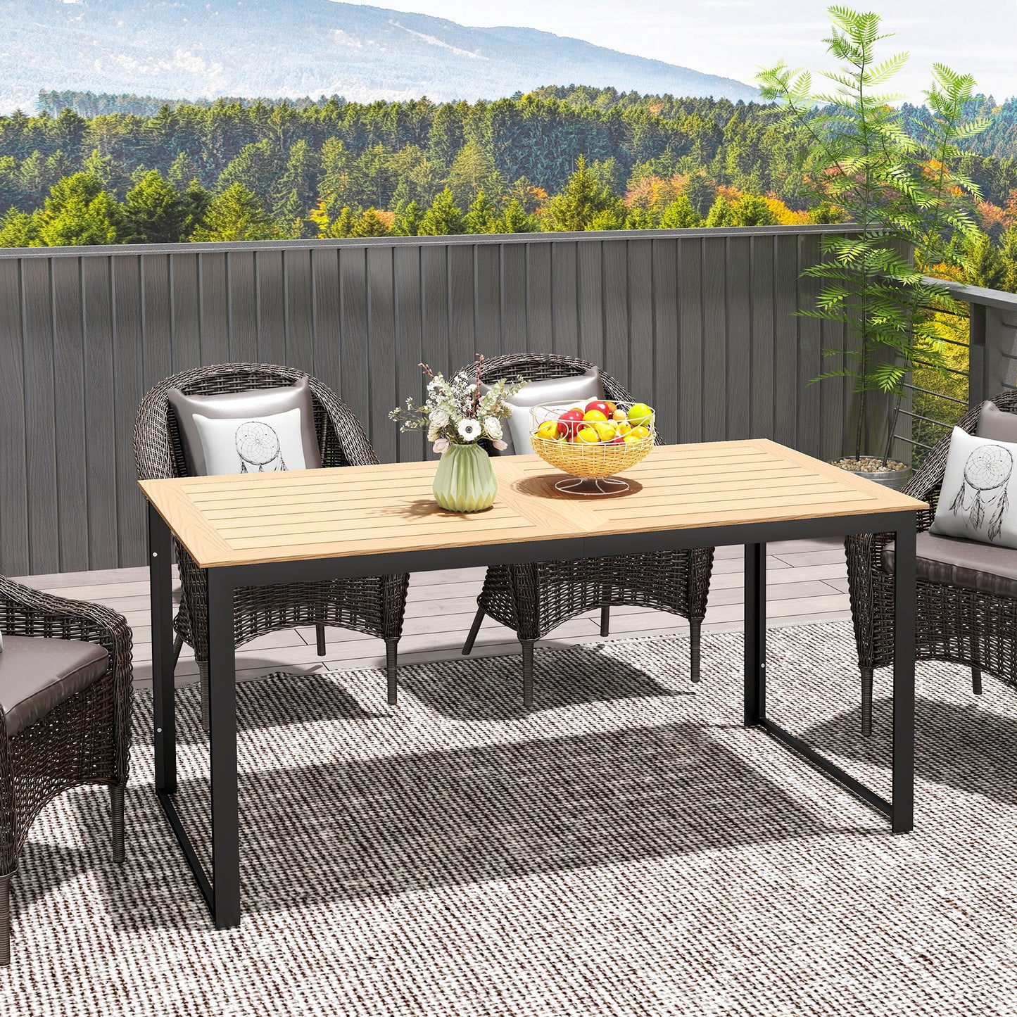 Outsunny Garden Table for 6 People with Slatted Table Top, Metal Frame, Teak
