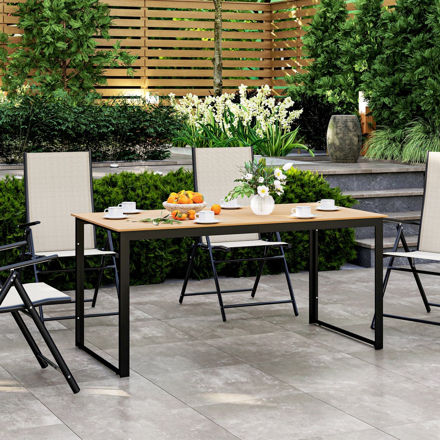 Outsunny Garden Table for 6 People with Slatted Table Top, Metal Frame, Teak