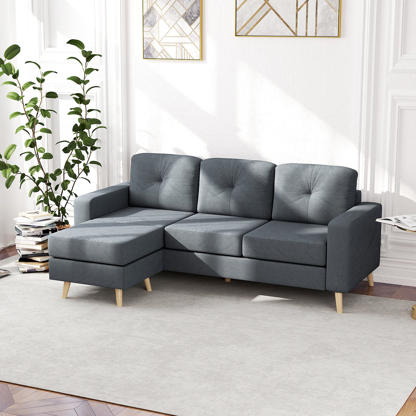 HOMCOM 3-Seater L-Shaped Linen Sofa w/ Sponge Seat Back Cushions, Dark Grey