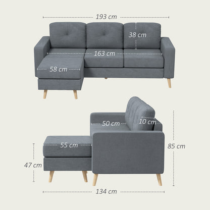 HOMCOM 3-Seater L-Shaped Linen Sofa w/ Sponge Seat Back Cushions, Dark Grey