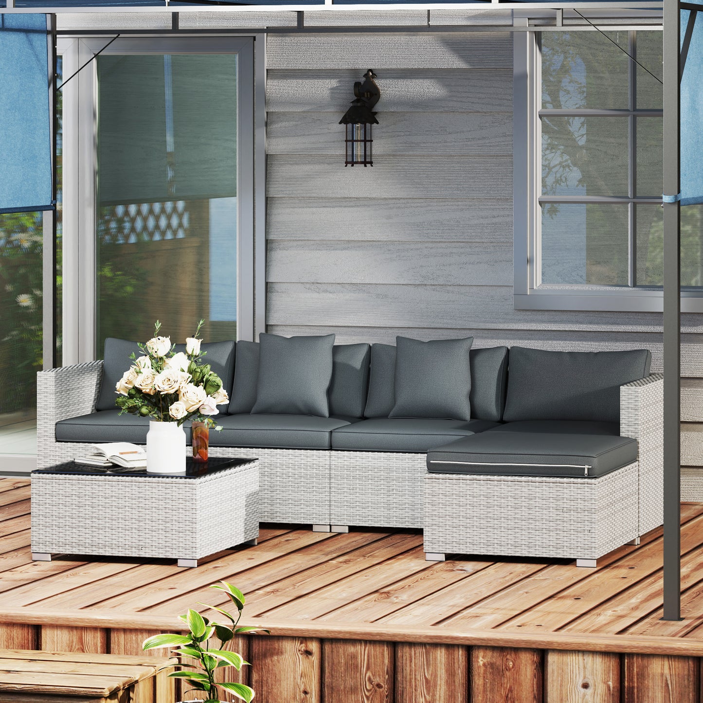 Outsunny 6 Pieces Rattan Furniture Set Garden Sofa Set Mixed Grey