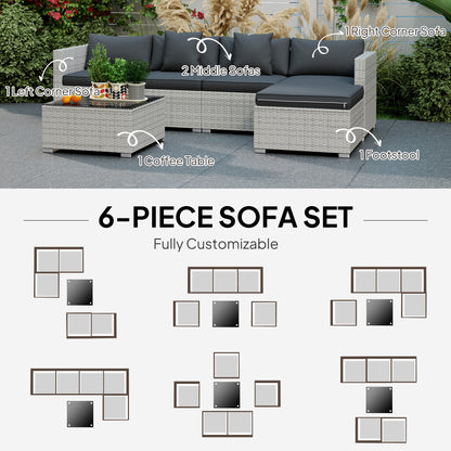 Outsunny 6 Pieces Rattan Furniture Set Garden Sofa Set Mixed Grey