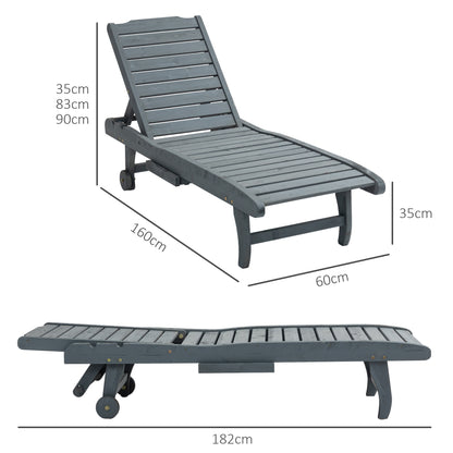 Outsunny Wooden Sun Lounger Outdoor Patio Sun Bed w/ Pull-out Table Grey