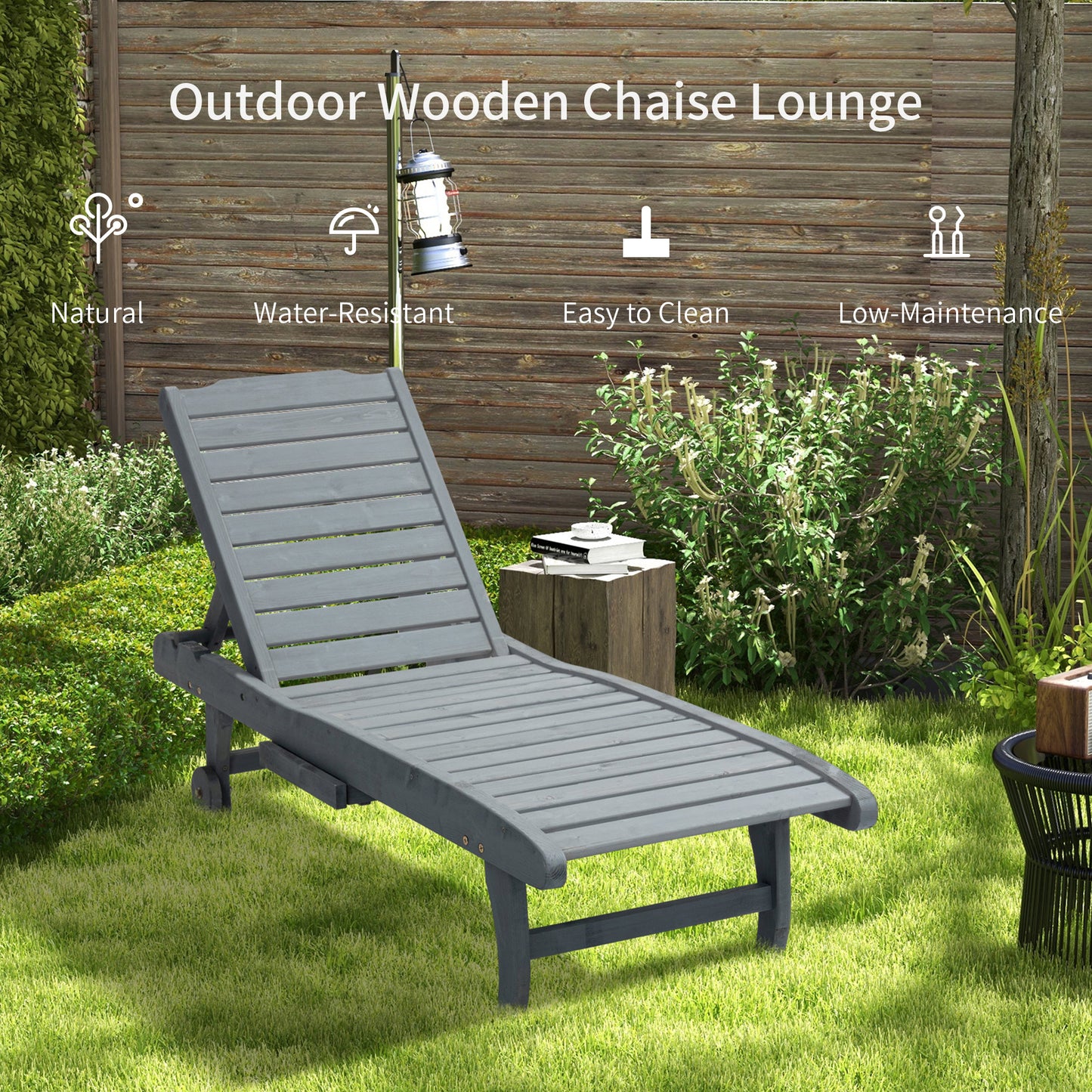 Outsunny Wooden Sun Lounger Outdoor Patio Sun Bed w/ Pull-out Table Grey