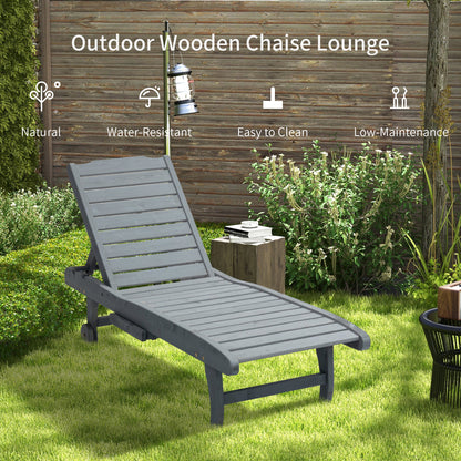 Outsunny Wooden Sun Lounger Outdoor Patio Sun Bed w/ Pull-out Table Grey